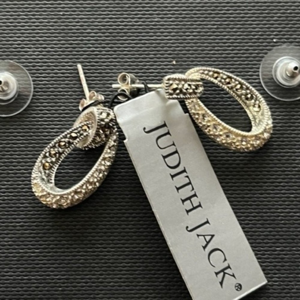 NWT JUDITH JACK STERLING MARCASITE  DROP HOOP EARRINGS